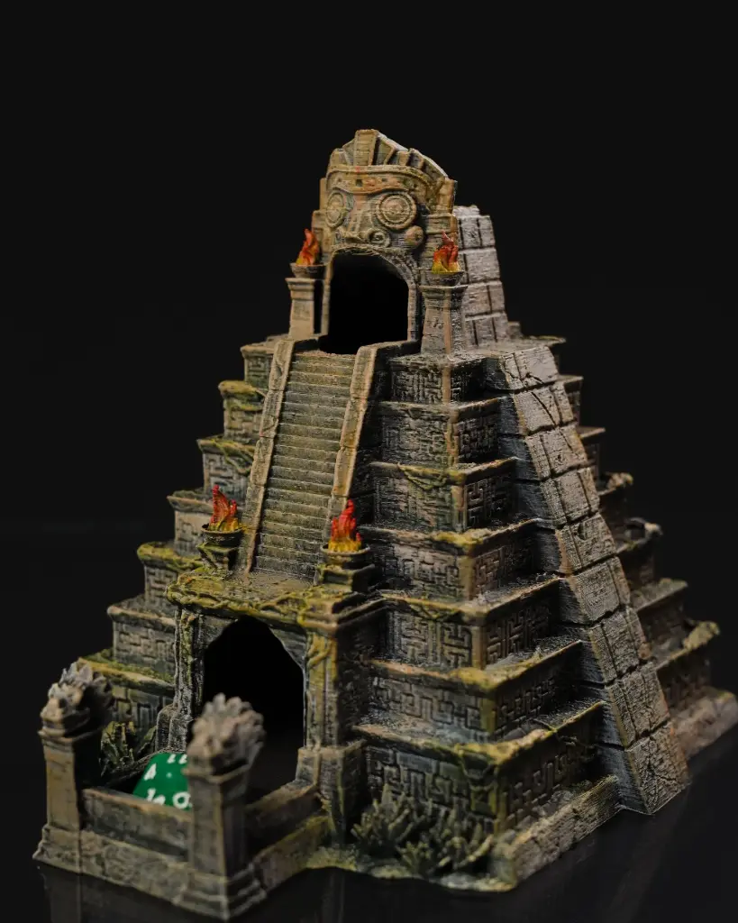 Ancient Aztec Pyramid Dice Tower — Tabletop RPG Gaming Accessory Gift for DnD Players | Hand-Painted Stone Finish | Mesoamerican Temple Design for Board Games & Wargaming