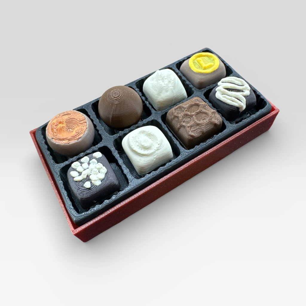 Chocolate Clicker Box Fidget Toy | 8-Piece Mechanical Keyboard Switch Desk Accessory | 3D Printed Fake Food Stress Relief | Unique ASMR Gift