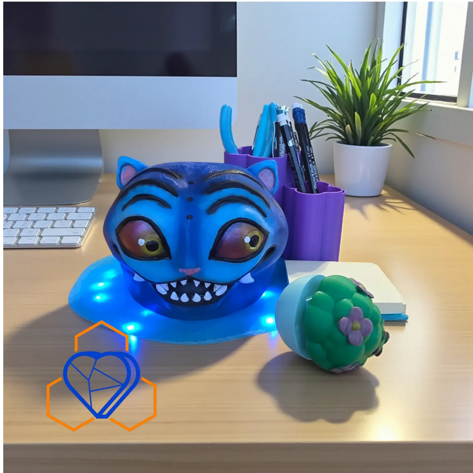 Lighted Hand Painted Derpy Tiger Desk Set with Pen Holder Post-It Notes and Tipped Plant Clicky Fidget